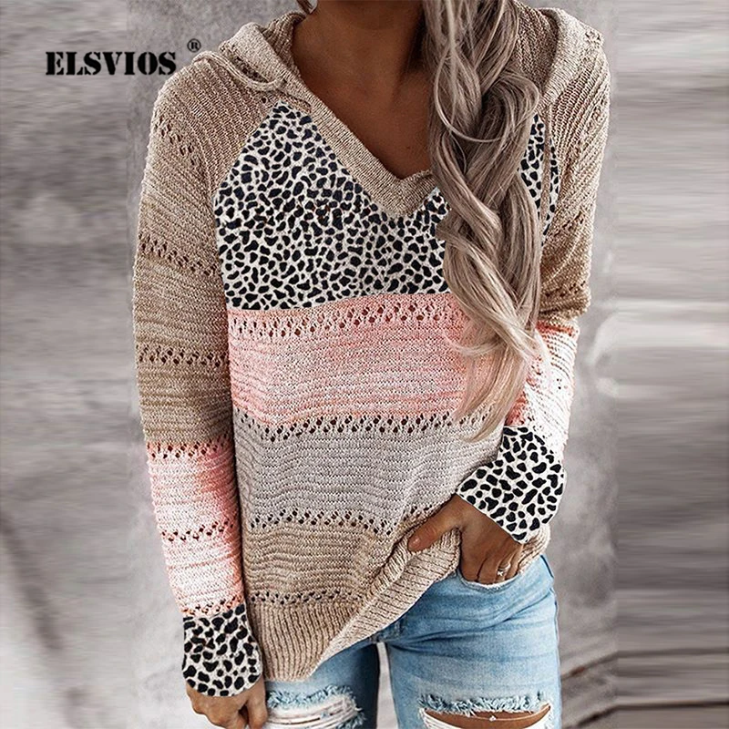 

Women Zipper Hollow Out Knitted Hooded Sweater Stripe Patchwork Autumn Winter Sweater Casual V Neck Long Sleeve Pullover Sweater