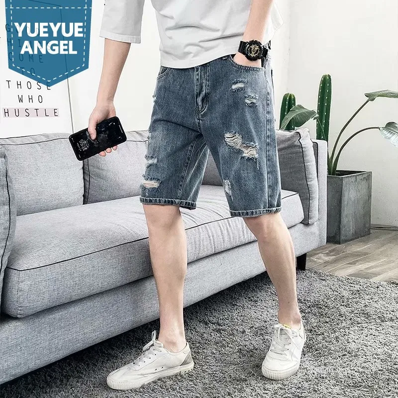 

Summer Mens Knee Length Denim Shorts Hole Ripped Jeans Casual Streetwear Loose Fit Cowboy Bermuda Shorts New Straight Trousers