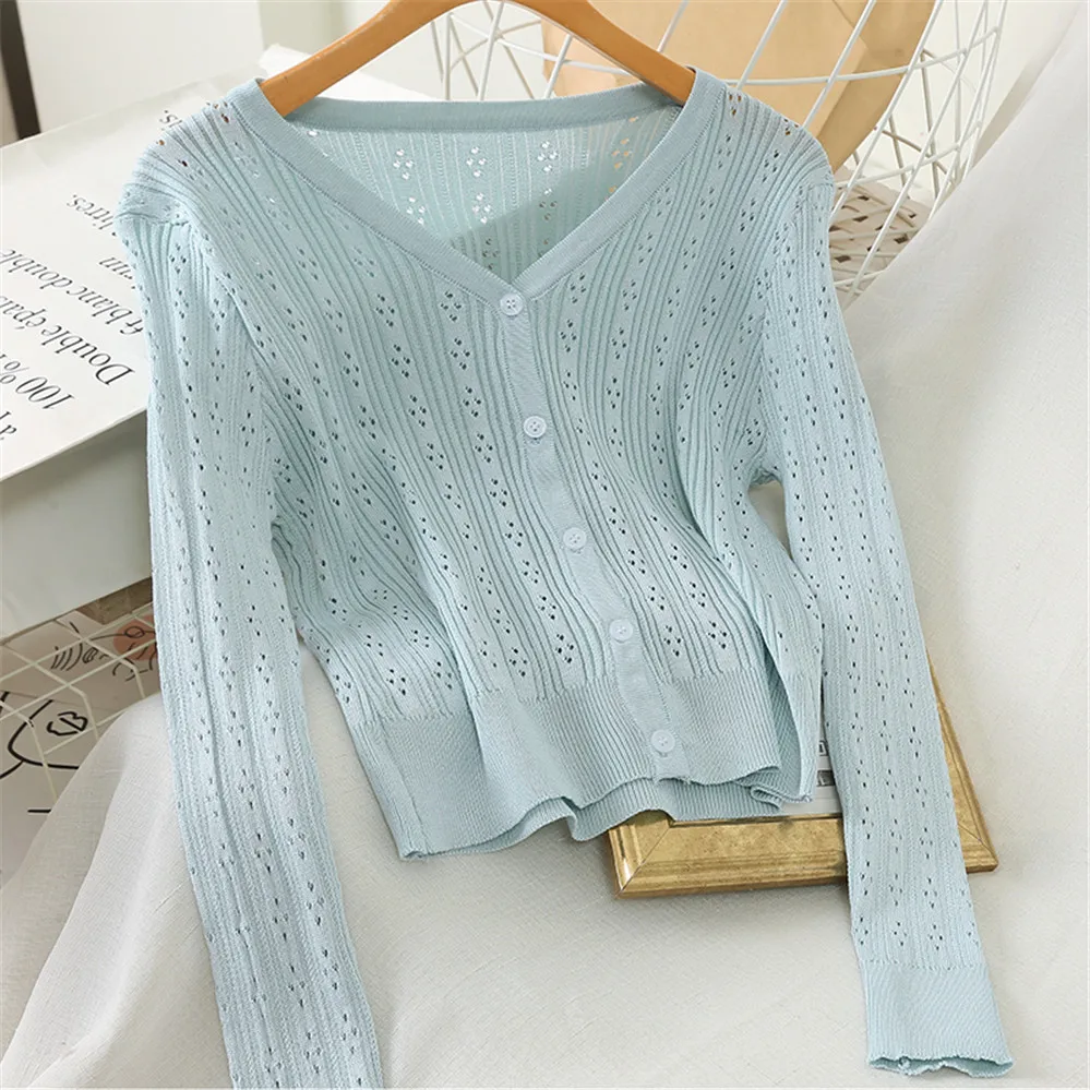 

Women Cardigans Button V-neck Long-sleeved Knitted Lady Elegant Sweaters Outwear Coat Tops Summer New Solid Thin