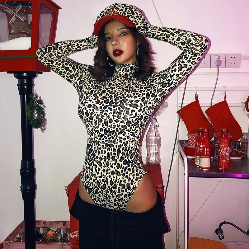 

WOHUADI Women's Clothing Leopard Glove Bodysuit Streetwear Sexy Bodycon Sheath Crotch Winter High Neck Long Sleeve Bottom Top