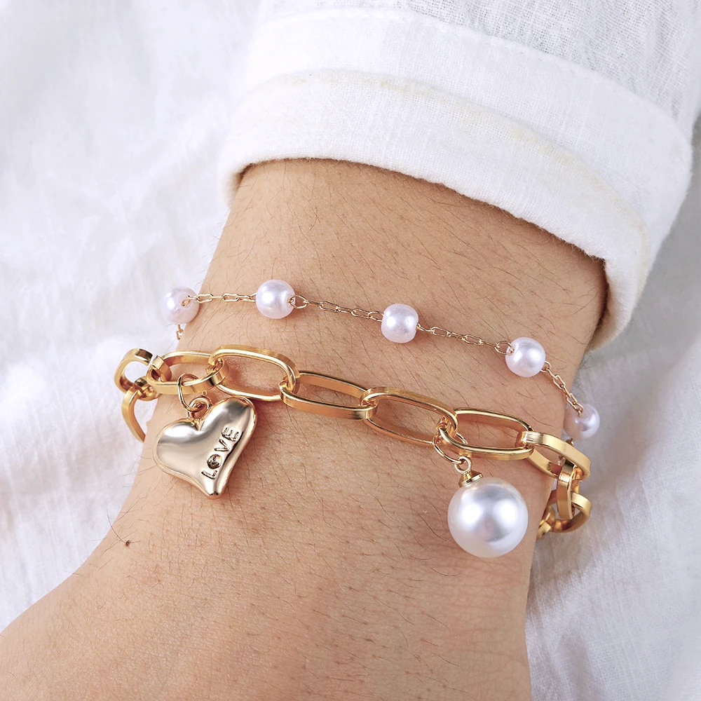 Винтажный жемчужный браслет с сердечком и толстой цепочкой для женщин Корейская