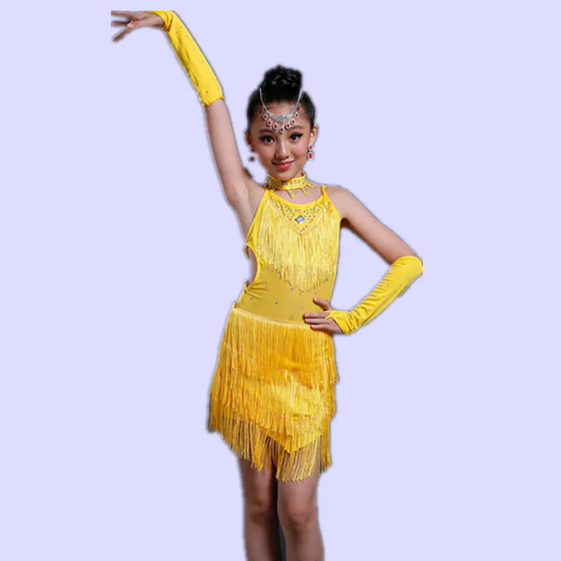 Дети сальса платья с блестками для латинских платье танцев девочек бахромой