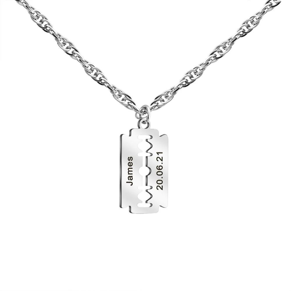 

Personalized simple trendy men's pendant razor blade lettering necklace