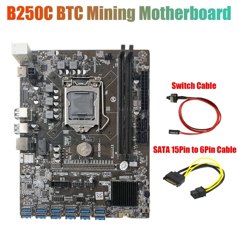 

Материнская плата для майнинга B250C + SATA 15Pin до 6Pin кабель + коммутационный кабель 12 pcie на USB3.0 слот GPU LGA1151 поддержка DDR4 для майнинга