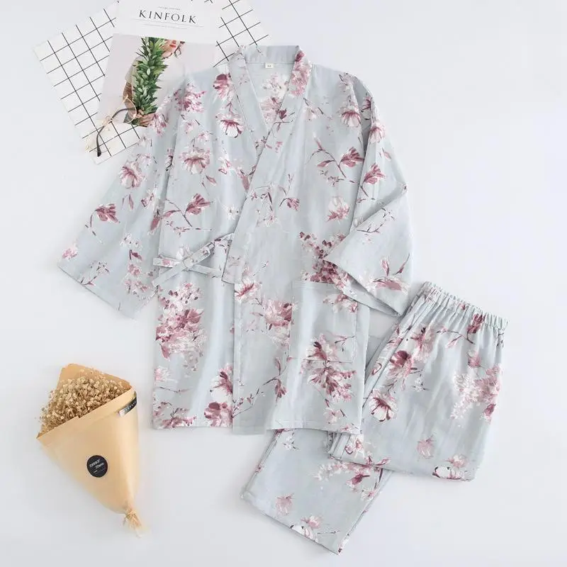 

New Kimono Japanese Cotton Spring and Autumn Traditional Ladies Gauze Kimono Set Sweat Steaming Home Service Roupas Feminina