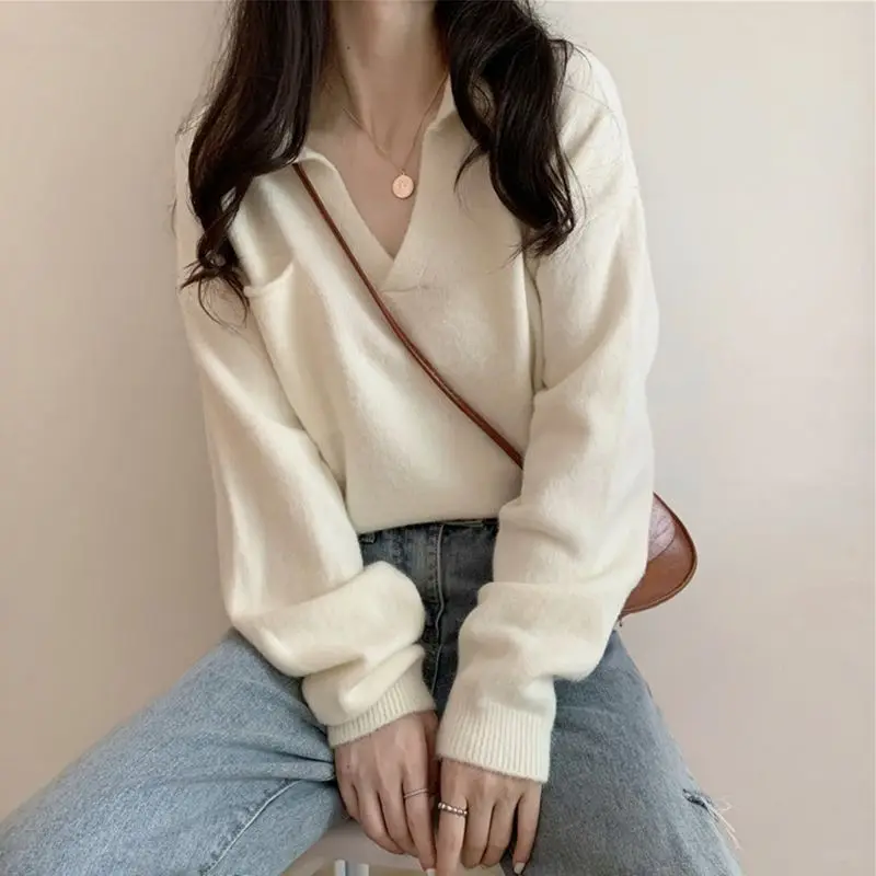 

Deeptown Korean Style Knitted Sweater Women Lazy Wind Soft Loose Vintage Jumper V-neck Autumn Solid Temperament Pullover Female
