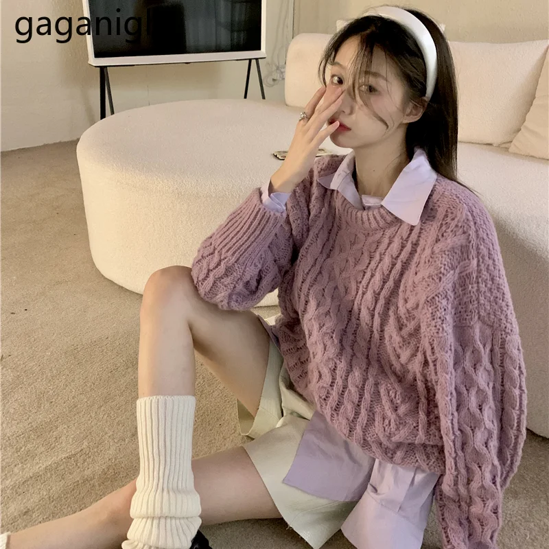 

Gaganight, Женский пуловер в стиле ретро, свитер, новинка сезона осень-зима 2021, мягкий свободный свитер с длинными рукавами, Однотонный женский с...