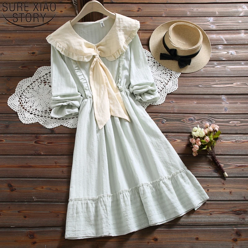 Japanese Style Sweet Women 2022 Spring Autumn Doll Collar Long Sleeve Solid Bow A-line Kneee-length Princess Dress Vestidos 9526 | Женская