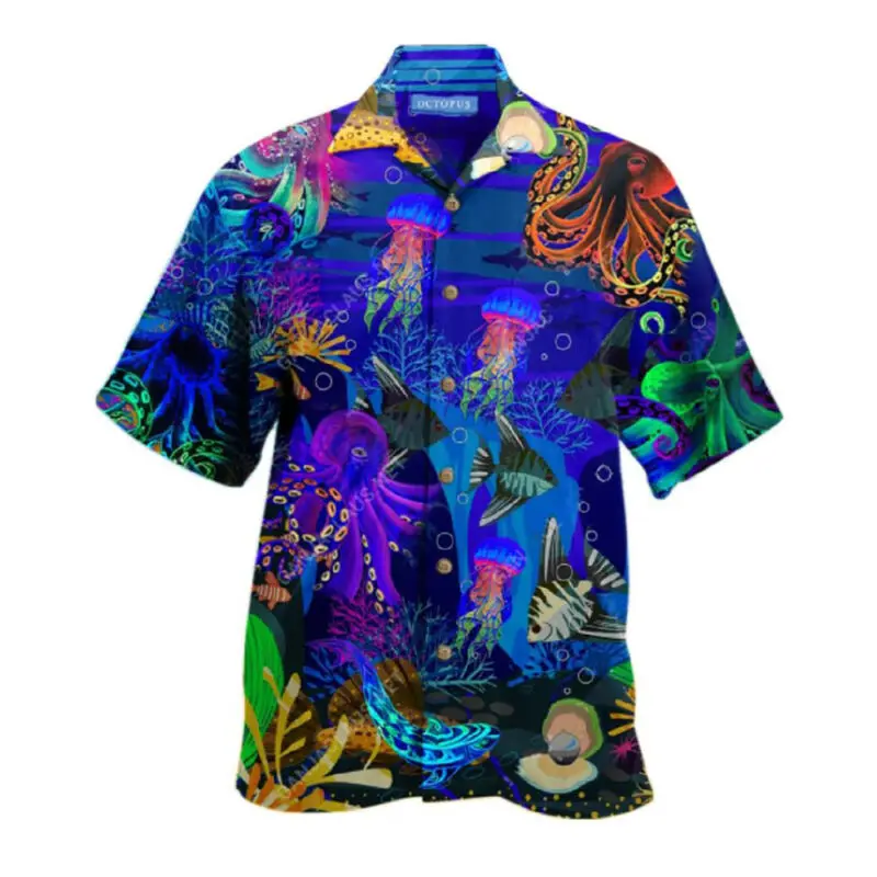 

Men's Button-Up Shirts Ocean Life Print Casual Beach Style Short Sleeves Tops Summer 2021 Fashion Loose Clothing For Male