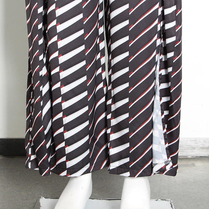 

GALCAUR Chiffon Wide Leg Pants For Female High Waist Split Loose Striped Hit Color Casual Women's Trousers 2021 Autumn Clothing
