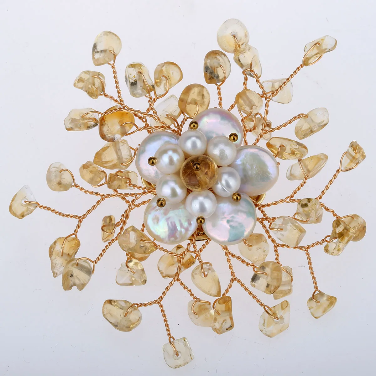 

Yacq Womens Citrine Gemstone Freshwater Pearl Pin Brooch Pendant 2 in 1 Handmade Jewelry Flexible Copper Wire Gifts for Her