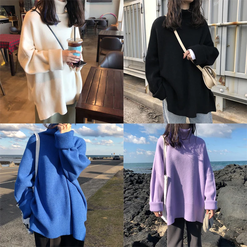 

Mid-length outer wear black turtleneck pullover sweater women autumn and winter retro japanese loose lazy style thickening tide