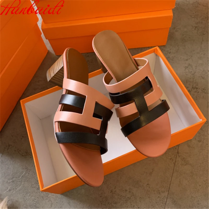 

Genuine Leather Slippers Women Mid Heels Slides Open Toe Casual Shoes Women Flip Flops Luxury Brand Designer Classic Woman Shoes