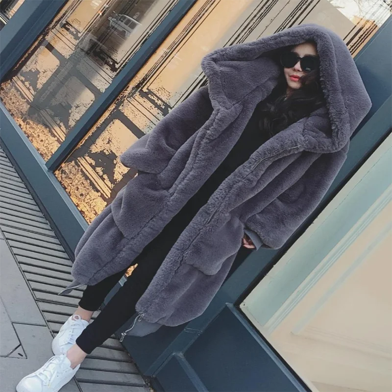 Autumn Winter Faux Fur Coat Women 2021 Thick Warm Soft Zipper Fur Jacket Plush Overcoat Pocket Hooded Rabbit Fur Coat Female New