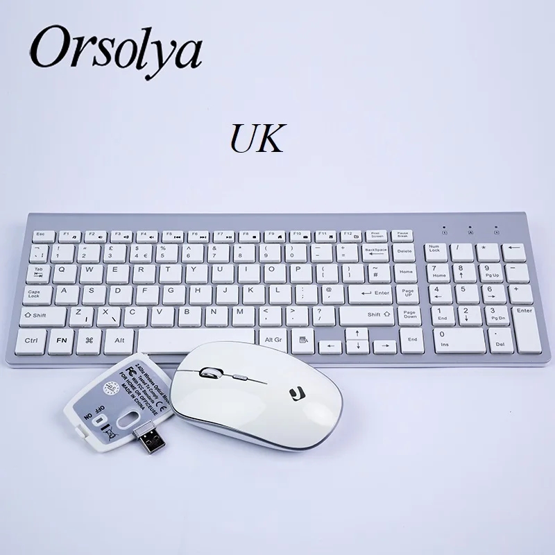 Silver-English 2,4G Беспроводная клавиатура и мышь Combo Orsolya Compact полноразмерная клавиатура и 2400 точек/дюйм оптическая мышь с низким уровнем шума, английский, испанский, немецкий, японский, французский, серебристый и белый - Цвет: Silver-English