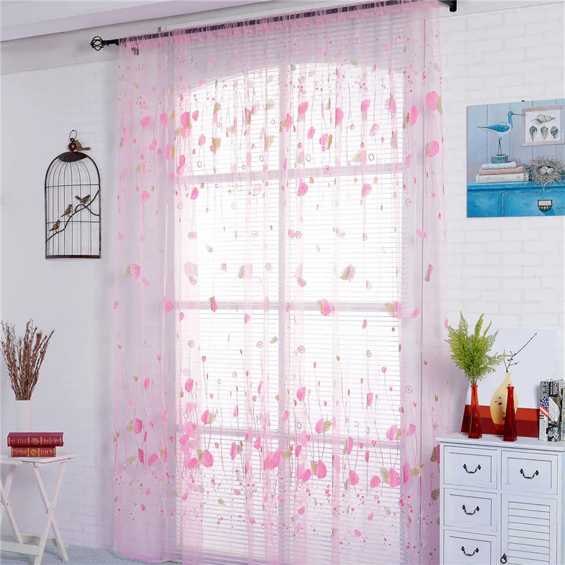 

Pink Sheer Curtains for Bedroom Kitchen Tulle Curtain Panels Leaf Window Screen Voile for Girl Living Room