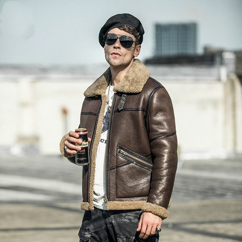 

Fur one New Men Genuine Leather Jacket High Quality Shearling Lining Sheepskin Flight Jacket Men's Short Winter Leather Coat