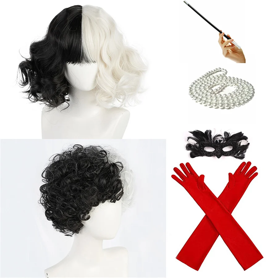 

CRUELLA Deville De Vil Black White With Bangs Short Bob Heat Resistant Hair Wig Cosplay Halloween Costume Party Wig + Wig Cap