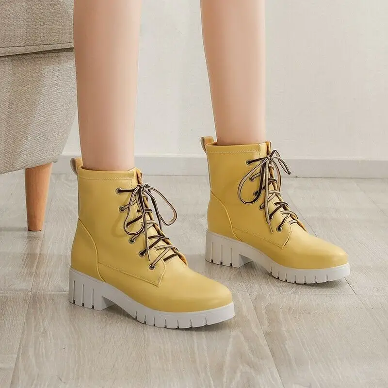 

Womens Patent Leather Lace Up Round Toe Low Heel Combat College Ankle Boots New