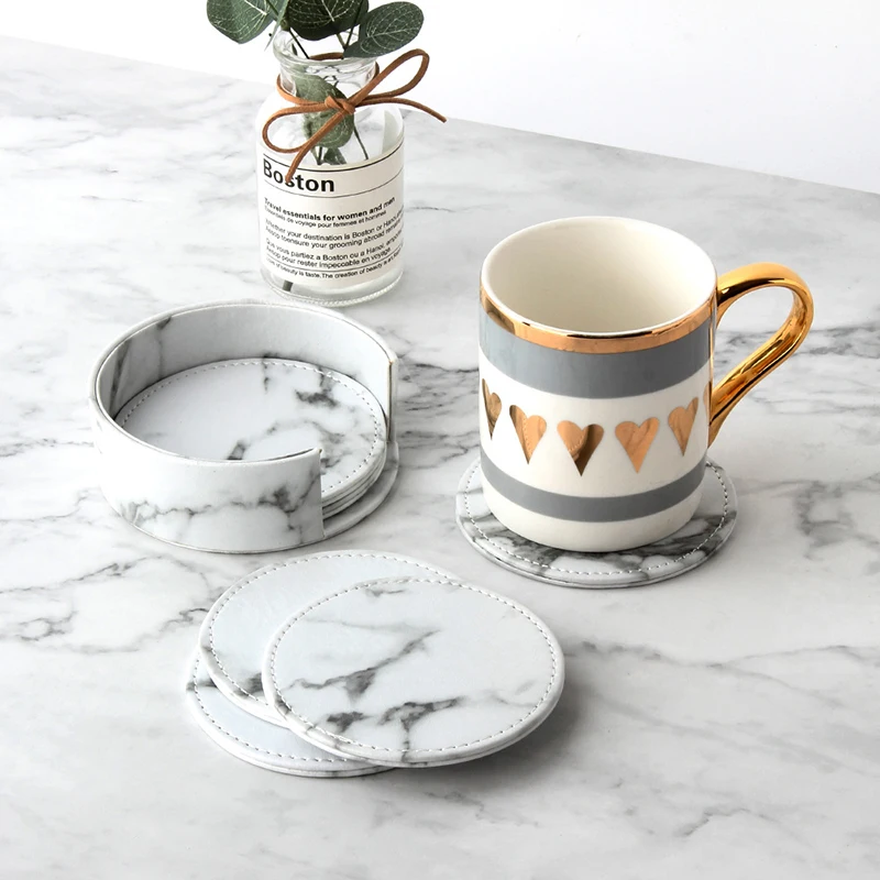 

6PCS Hot Sale PU Leather Marble Coaster Drink Coffee Cup Mat Easy to Clean Placemats Round Tea Pad Table Pad Holder