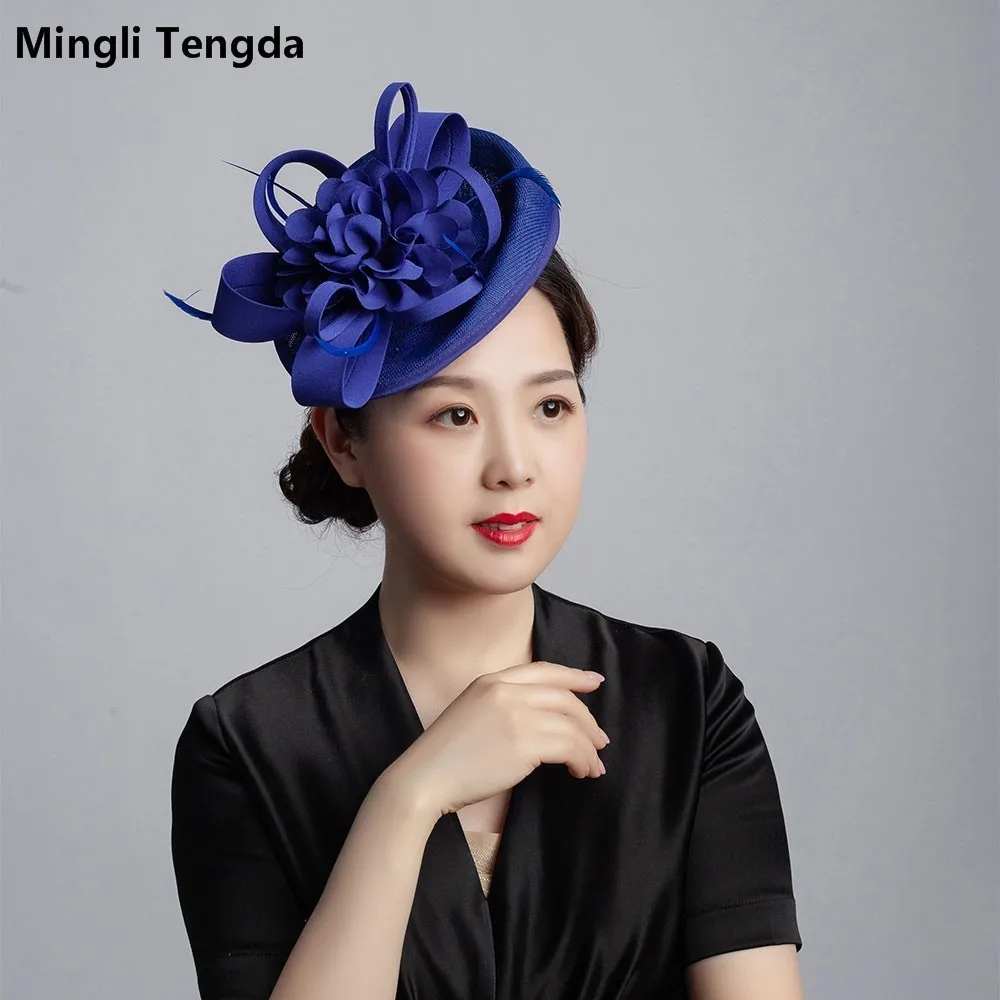 Mingli Tengda головной убор невесты колпак декоративный Свадебная шляпка фотография Cambric шляпа Свадьба темно-синий/белый/зеленый Свадебные аксессуары тиара - Цвет: Royal blue