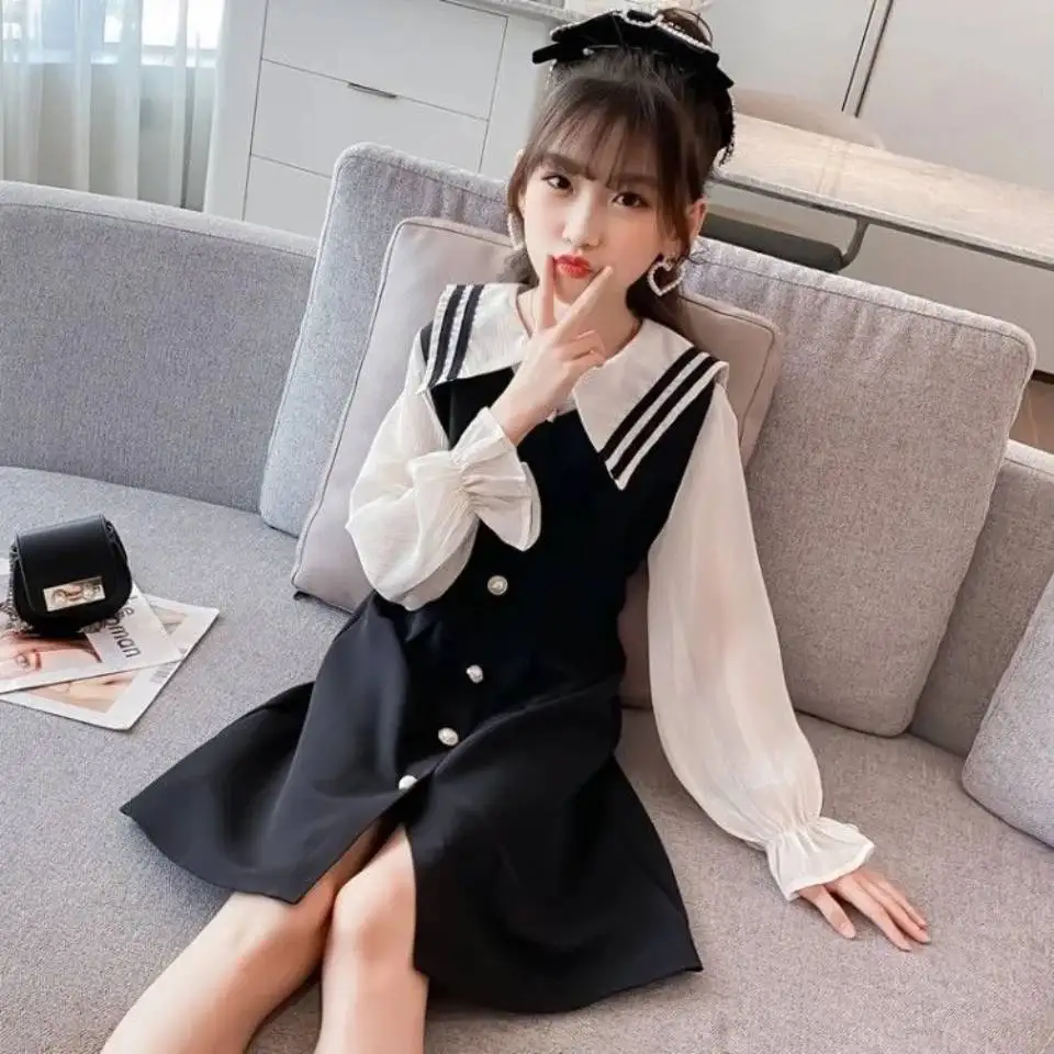 

New Spring Summer Baby Girls Cotton Fashion Solid Color Dress Casual Style Girl Long Sleeve Turn-Down Collar Cute Dresses