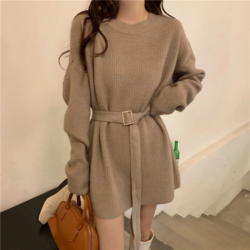 Black Waist Closing Medium Length Sweater Women's Autumn and Winter 2021 New Korean Lazy Style Loose Outer Knitted Top | Женская