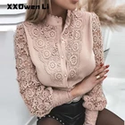 Женская кружевная ажурная рубашка, повседневная Однотонная рубашка на пуговицах с длинным рукавом и круглым вырезом, Офисная рубашка с оборками, женский модный топ на осень