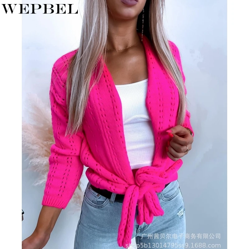 

WEPBEL Fashion Solid Color Sweater Women's Loose Cardigan Sweater Autumn Casual Long Sleeve Bandage Sweater Top