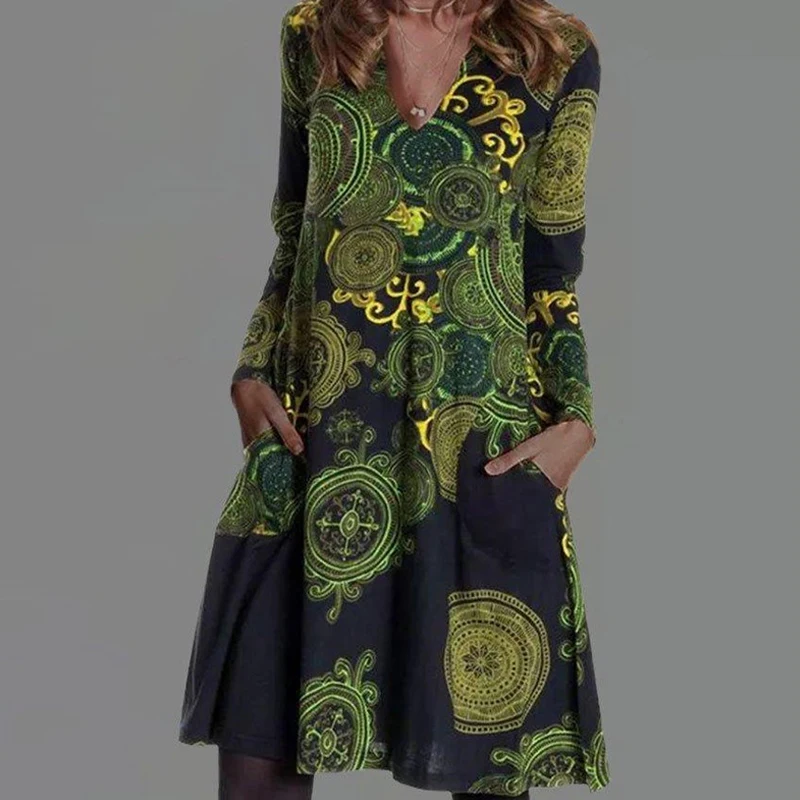 

Autumn Elegant Floral Print Midi Dress Women 2021 Spring Fashion V Neck Long Sleeve A-Line Dresses Female Plus Size Casual Dress