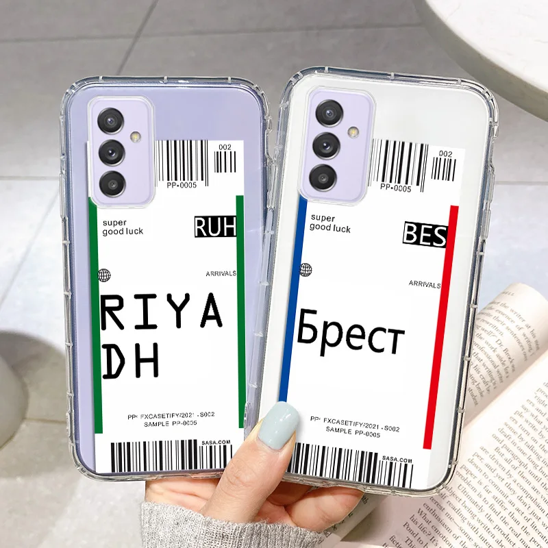 

Air Ticket QR Code Purple Case For Samsung Galaxy A32 A52 A72 A42 A22 A82 London Paris City Label Clear Soft Fundas Samsung A72