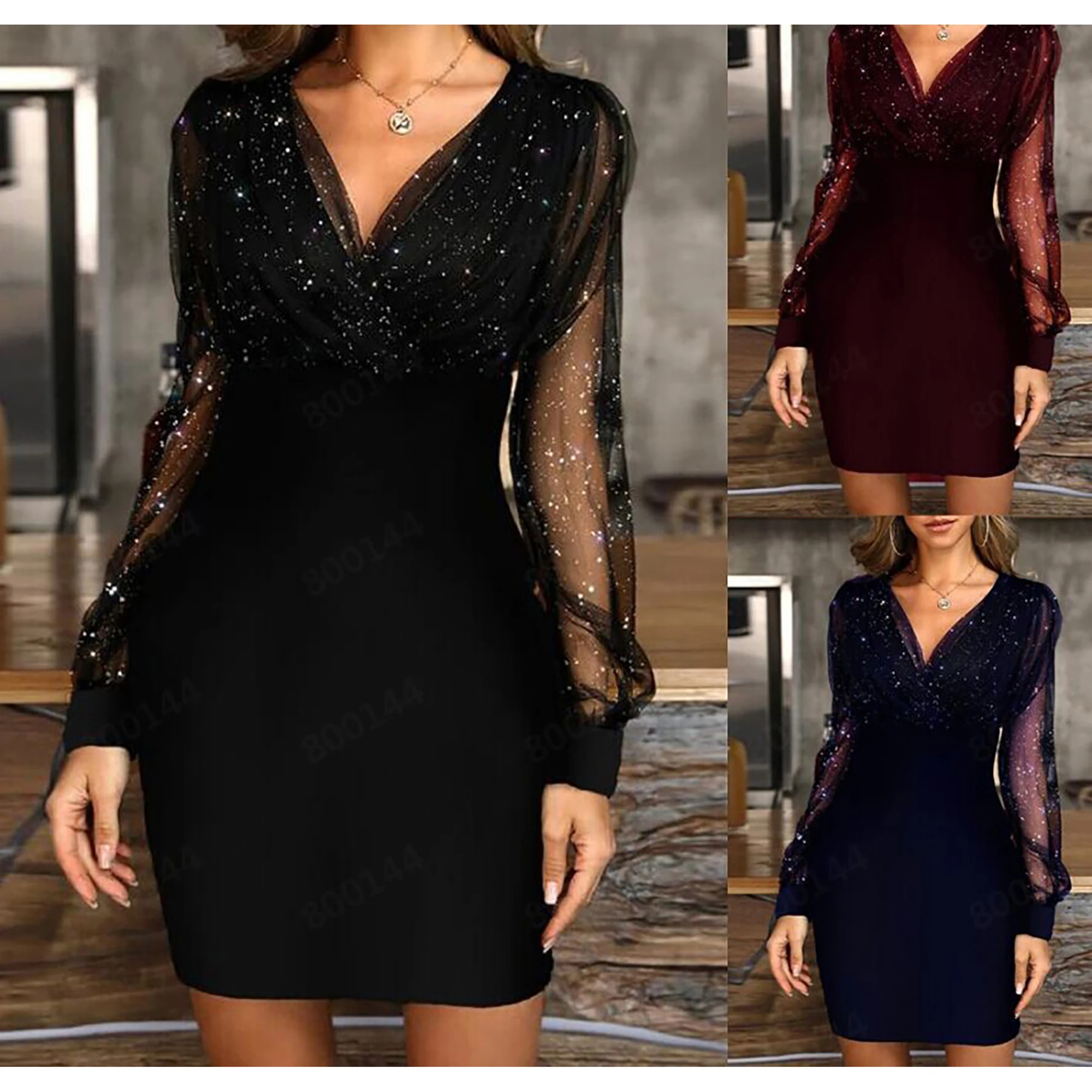 

Vintage Womens Sequins Blings Sexy V-Neck Lace Evening Party Dresses Female Black Retro Elegant Party Club Mini Dress Vestidos