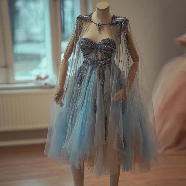 Sweetheart Tulle Ball Gown Light Blue Tulle Dress Fairy Dress With Cloak Sequin Dress Tassel Midi Dress Plus Size Chic Dress