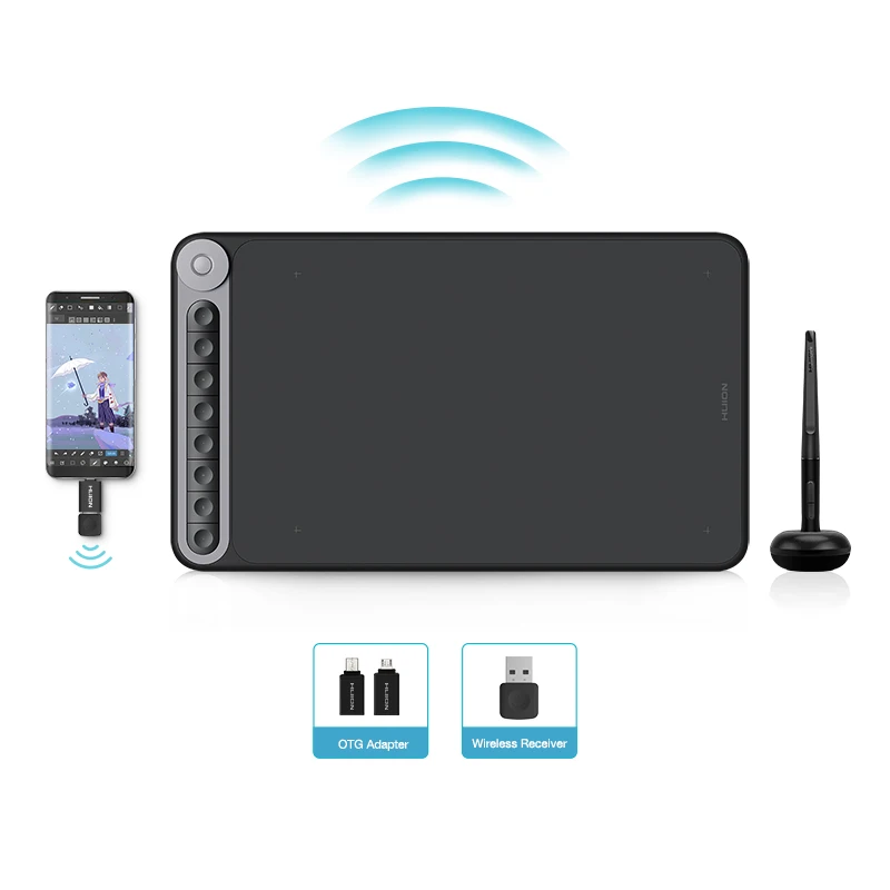 

HUION Q620M Graphic Tablet Wireless 8192 Levels Pressure Drawing digital Pen Tablet with Dial 8 Press Keys Support Android