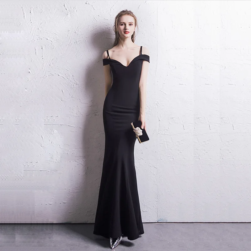 

Женское длинное торжественное вечернее платье размера плюс с открытыми плечами из шифона Черный Русалка свадебное Вечерние платья на зака...