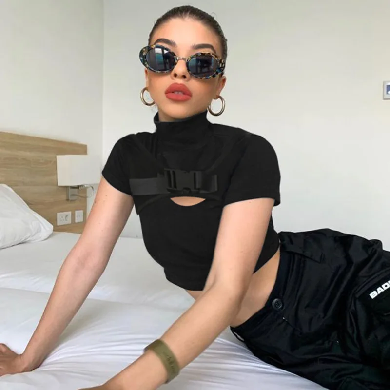 Y Demo Techwear черная футболка женская открытая Пряжка короткий рукав стойка воротник