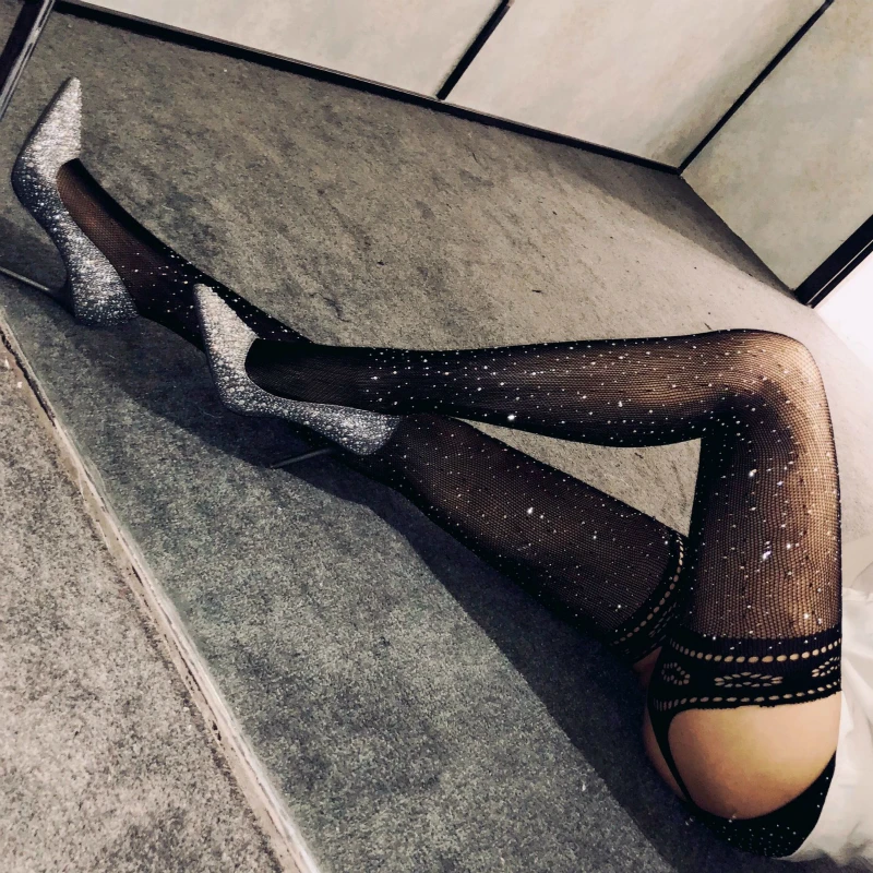 Sexy Fishnet Tights Women Glitter Rhinestone Hollow Out Pantyhose Lingerie Drilling Mesh Shiny Female Slim Thin Hosiery | Женская одежда