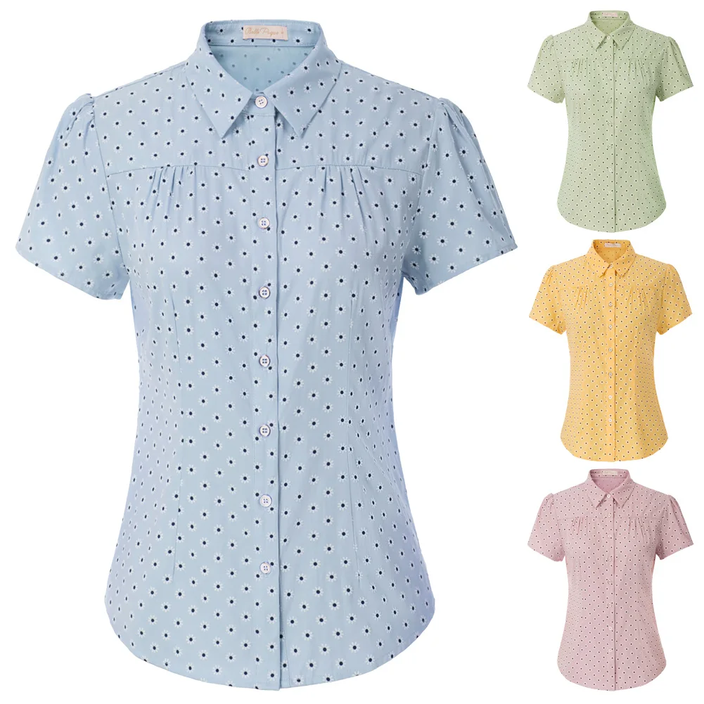 

Women Vintage Shirt Short Puff Sleeves Curved Hem Sunflower Pattern Tops And Blouse Summer Clothing Casual 2020 New OL Workwear