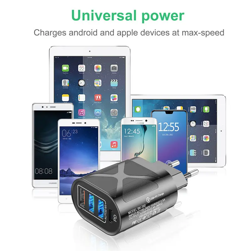 UKGO PD 48W 3 Ports EU US UK Plug Fast Charger Adapter For iPhone 12 11 Samsung Xiaomi Huawei QC 3.0 Mobile Phone Quick Charger
