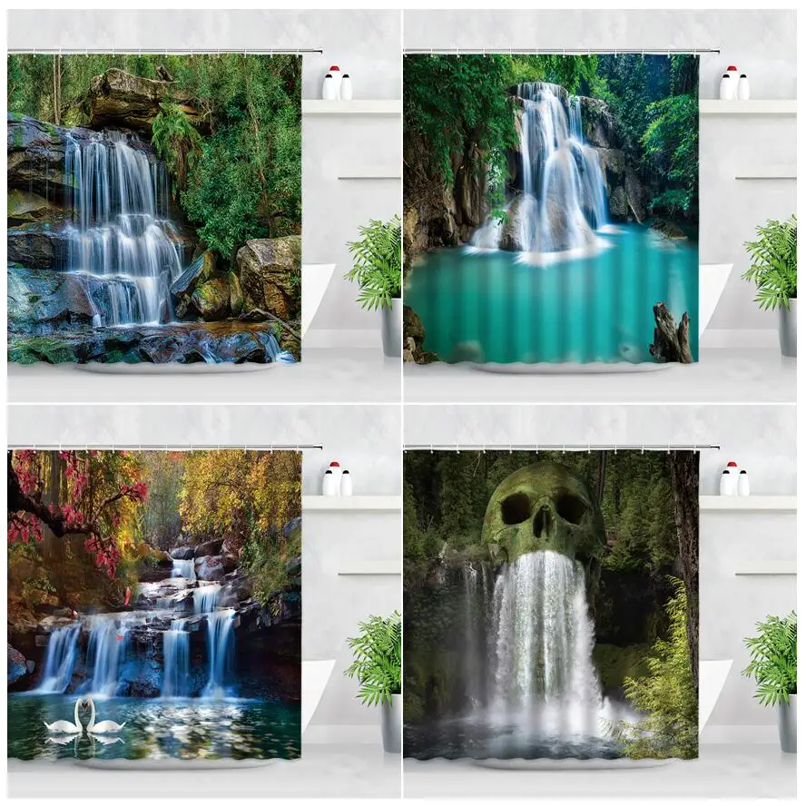 Занавеска для душа с изображением джунглей лесов водопадов лебедей зеленых