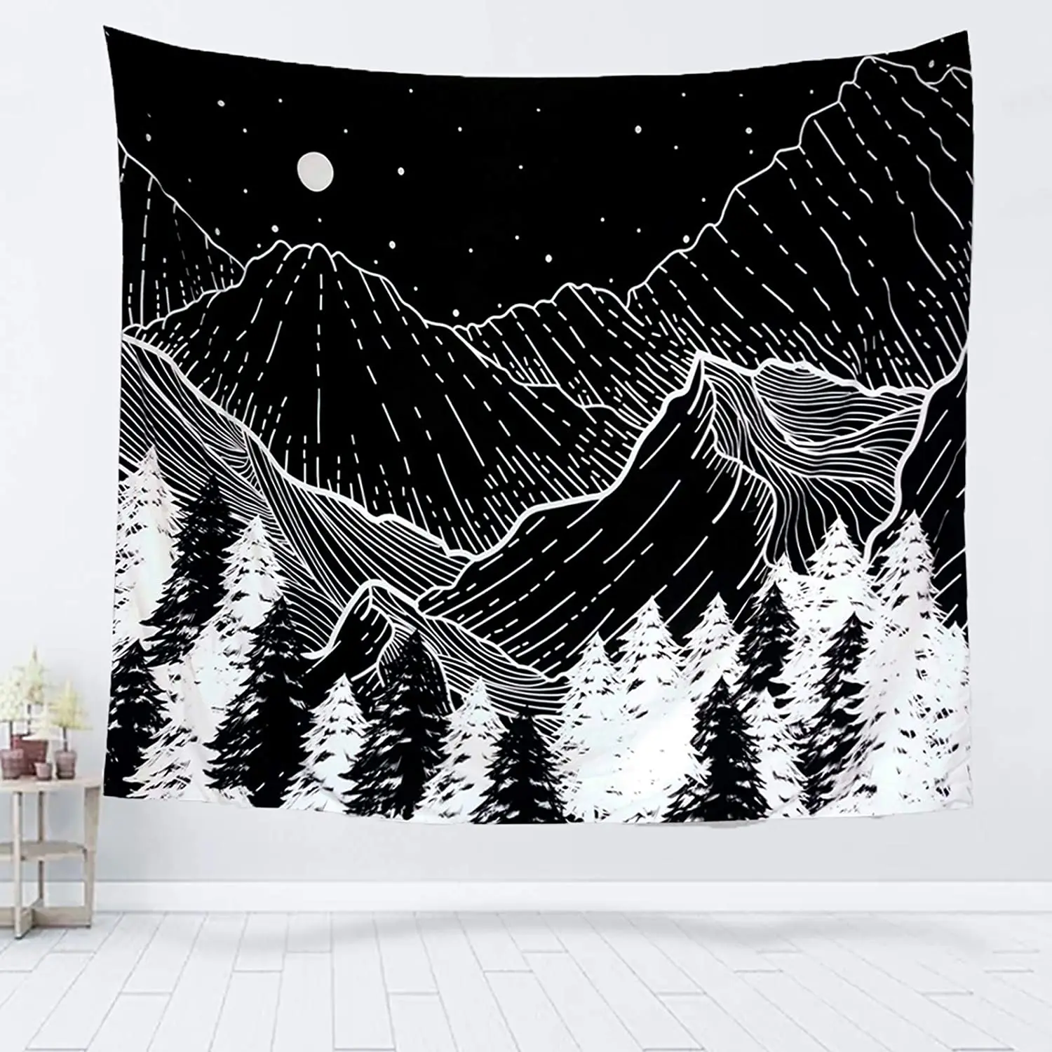 

Mountain Black and White Forest Tree Tapestries Starry Night Moon Wall Art
