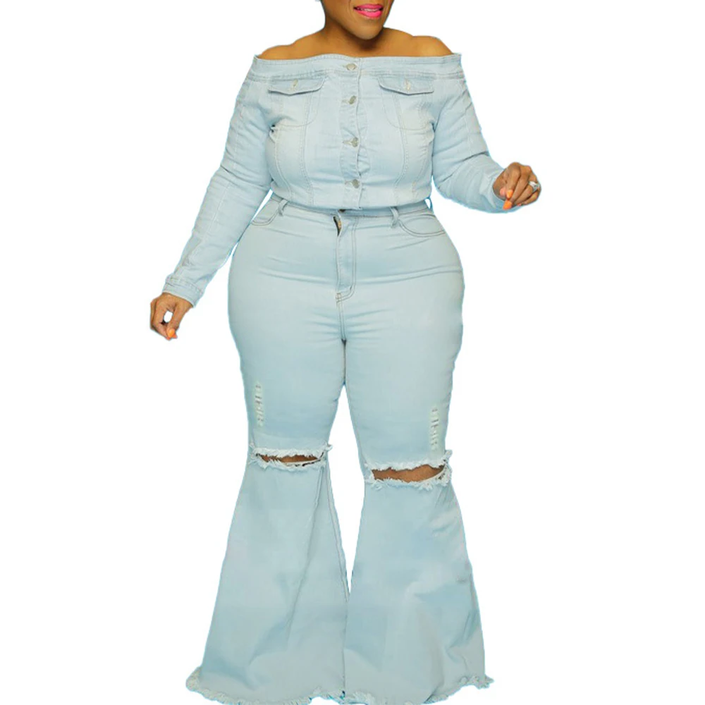 Vintage Hole Ripped Plus Size Jeans Women Wide Leg Denim Flare Slim Pants High Waist Casual Trousers Bodycon Bell Bottoms Pant