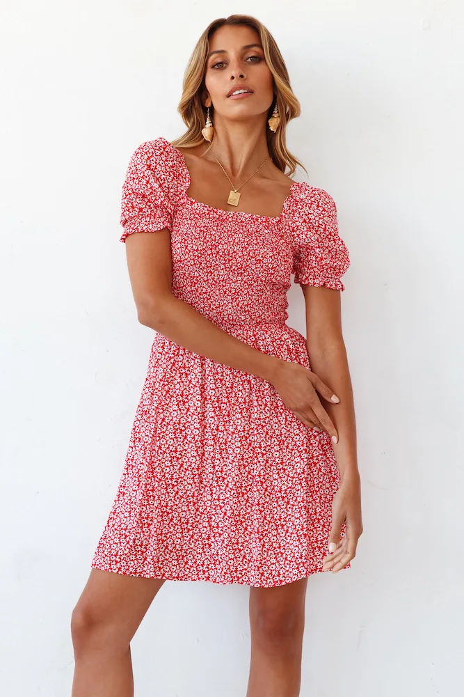 

Summer Dress Kawaii clothingFashionChiffon dress Backless Print Square Collar Short Sleeve Dress Women Women Clothing