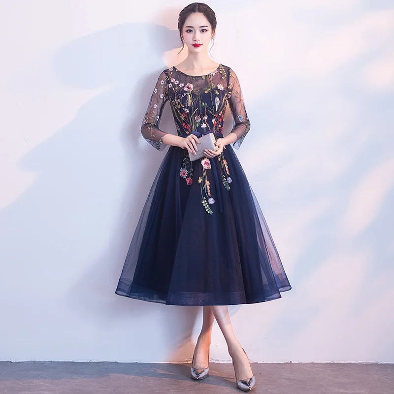 O-Neck wieczór długie suknie eleganckie damskie Party Dress kwiat połowy łydki bankiet Qipao pani ślub Cheongsam Retro Vestido XS-XXXL