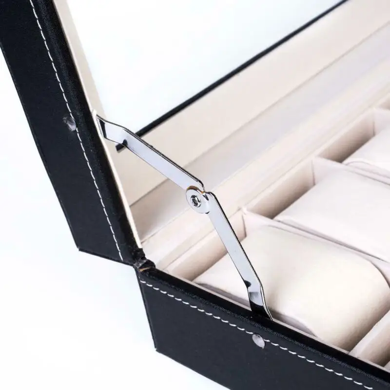 

24 Slot Black Leather Watch Box Jewelry Storage Organizer w/ Glass Top Display