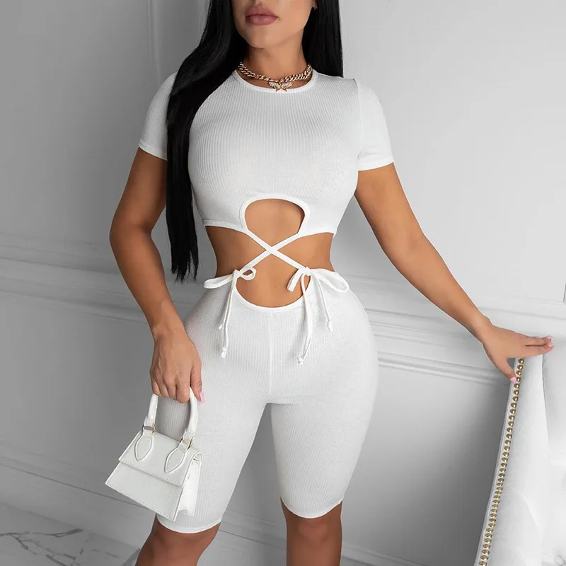 

Women Sexy 2 Peice Sets Bandage Shorts Pants and Short Tops Solid Color Outfit Casual O-Neck Pullover High Street Set