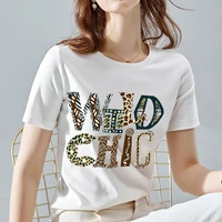 womens t shirt fashion leopard print letter printing casual white top personality youthful soft comfortable ladies short sleeve