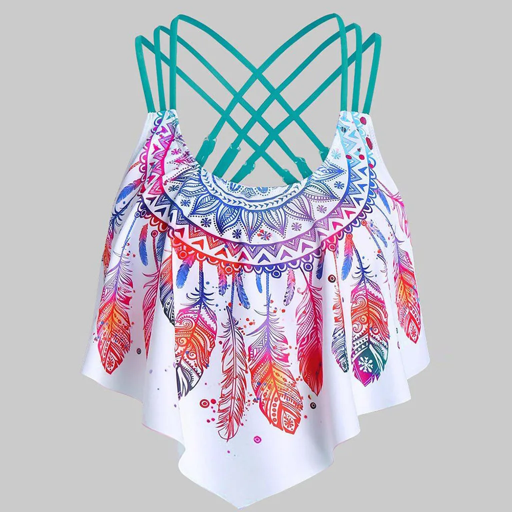 1pcs Top Women Bikini Overlay Flounce Crisscross Tankini Swimsuit Feather Print Strappy Padded Swim Bandage cross SwimWear |