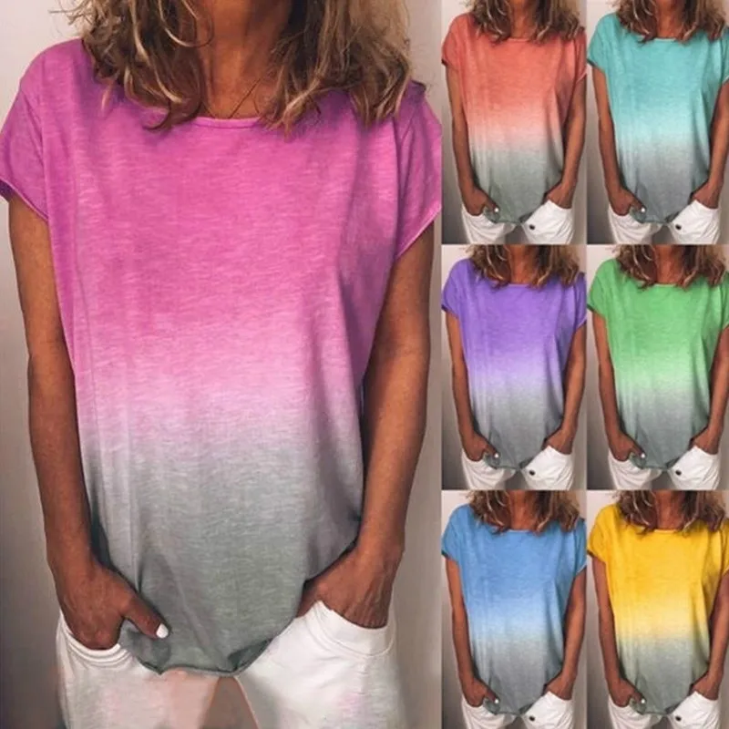 

Summer Short Sleeve Casual Women T-Shirt 4XL 5XL Rainbow Gradient Printed Tops 2021 New Big Size Lady O-Neck Loose Pullover Tops