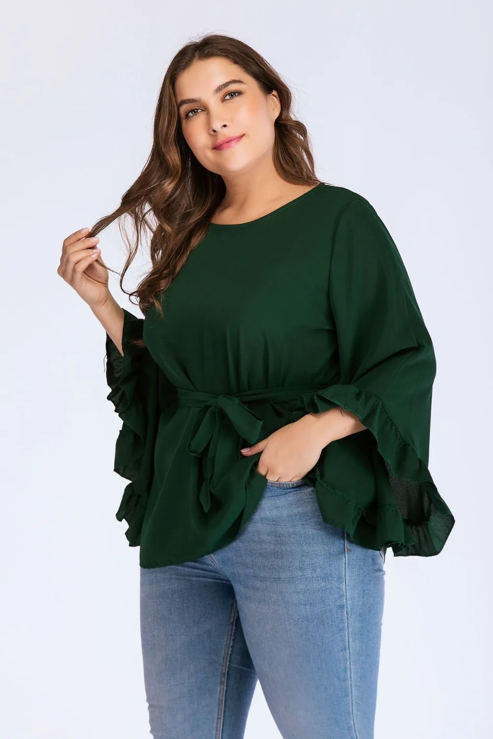 new autumn winter plus size tops for women long sleeve large cotton O neck casual loose T shirt belt green 4XL 5XL 6XL 7XL